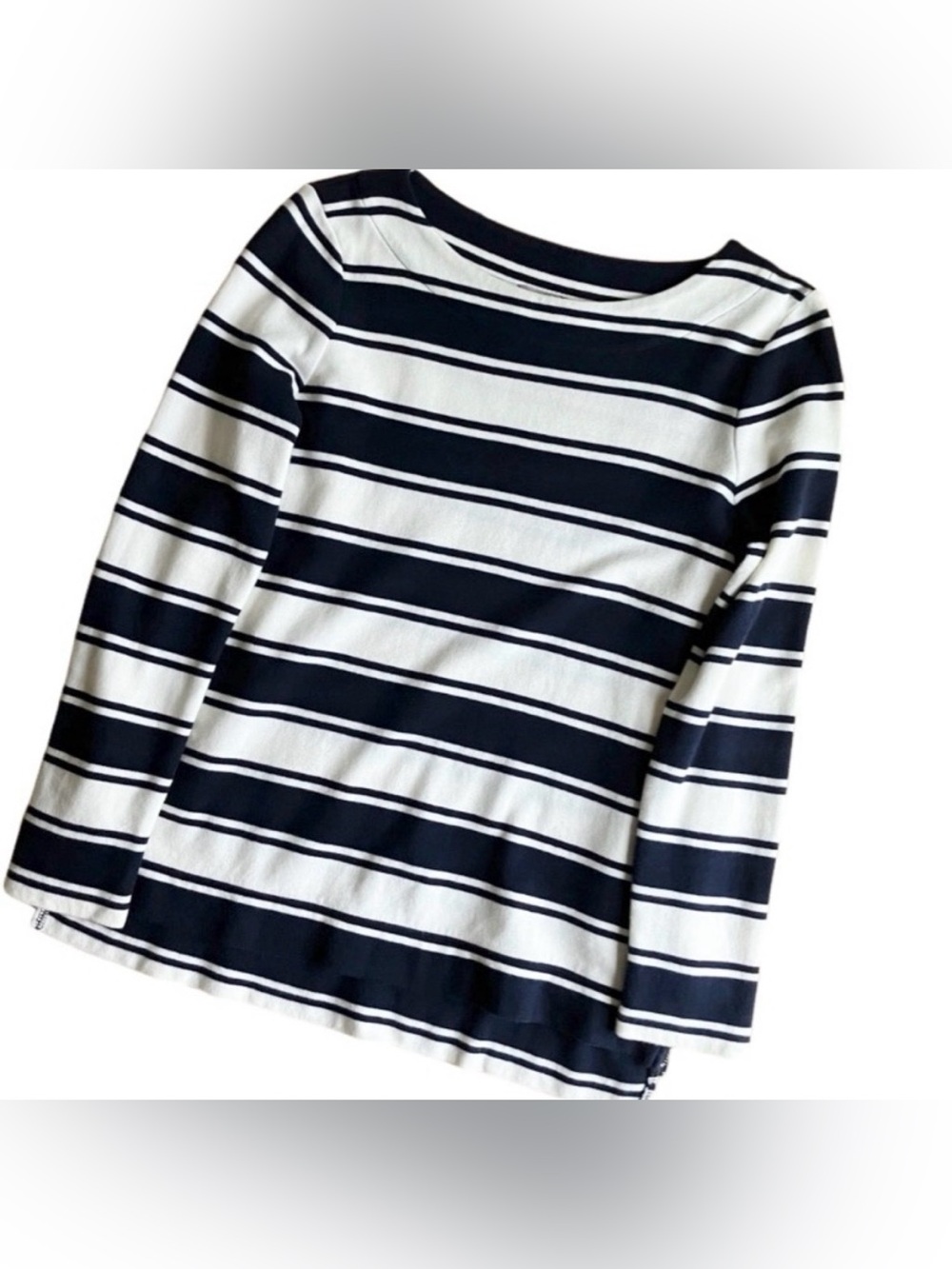 T Talbots Sp Blue White Stripe Breton Top Heavy Jersey Slight High Low Side Zips